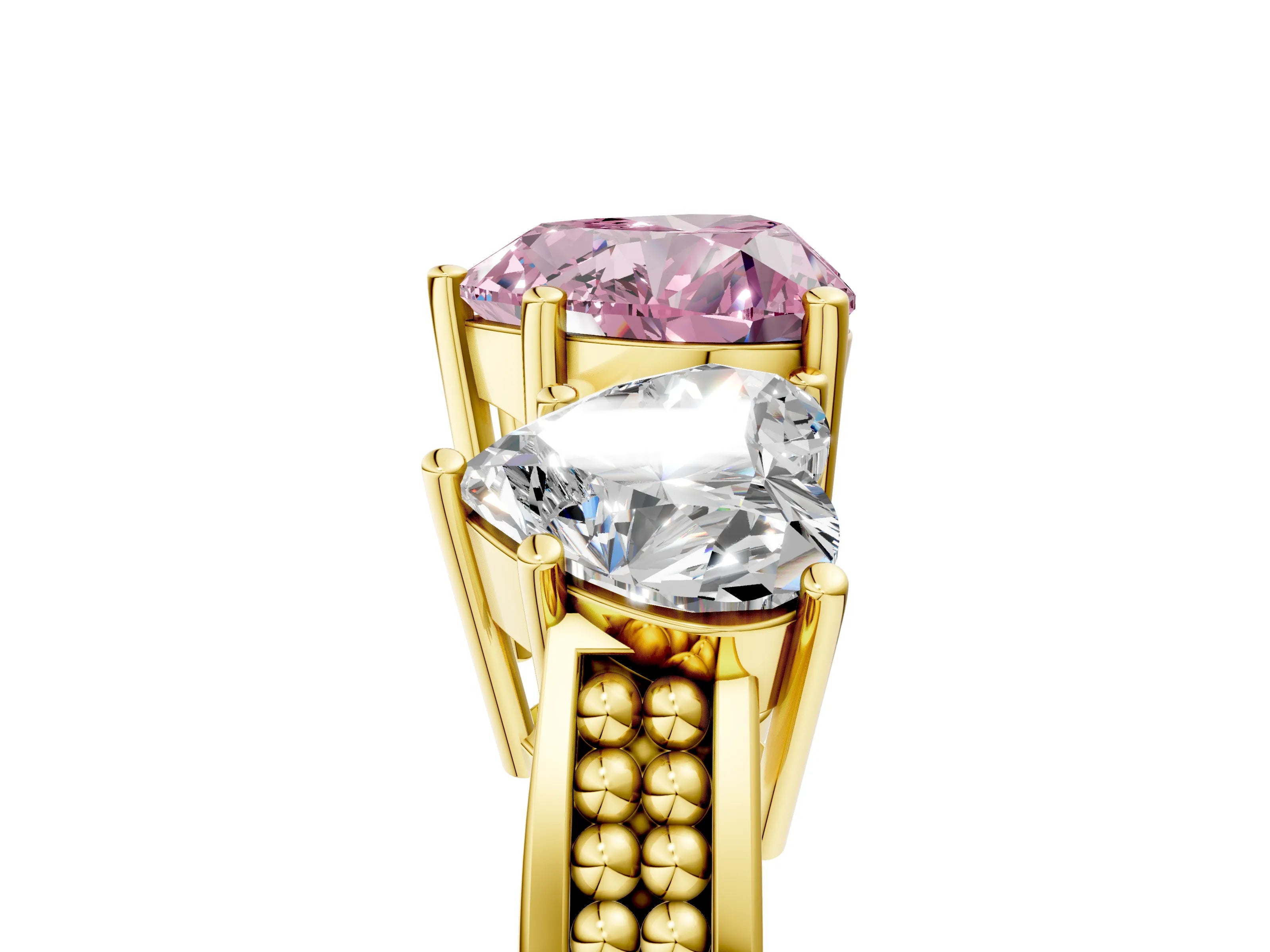 Yellow gold Fancy Pink Heart Cut Diamond Three-Stone Ring with Prong Setting and Textured Band_5