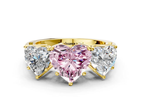 Yellow gold Fancy Pink Heart Cut Diamond Three-Stone Ring with Prong Setting and Textured Band