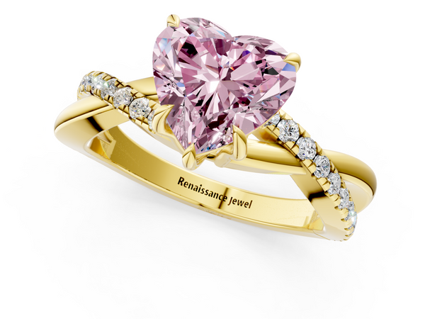 Yellow gold Fancy Pink Heart  Cut Diamond Twisted Band with Pavé Setting and Four-Prong Setting