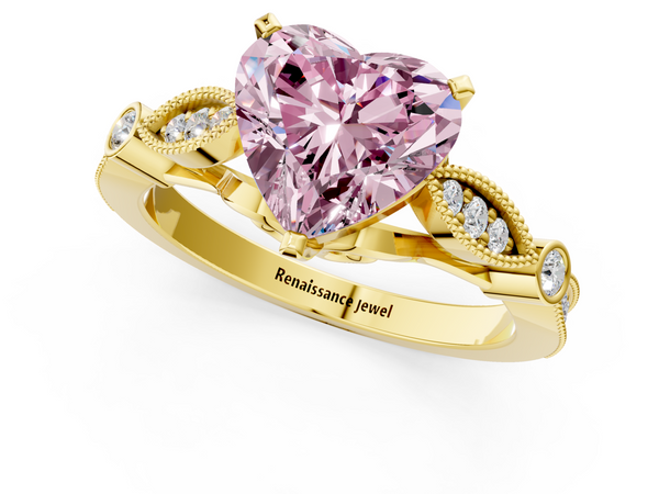Yellow gold Fancy Pink Heart  Cut Diamond with Milgrain Marquise and Bezel Accents on a Solitaire Band with Prong Setting