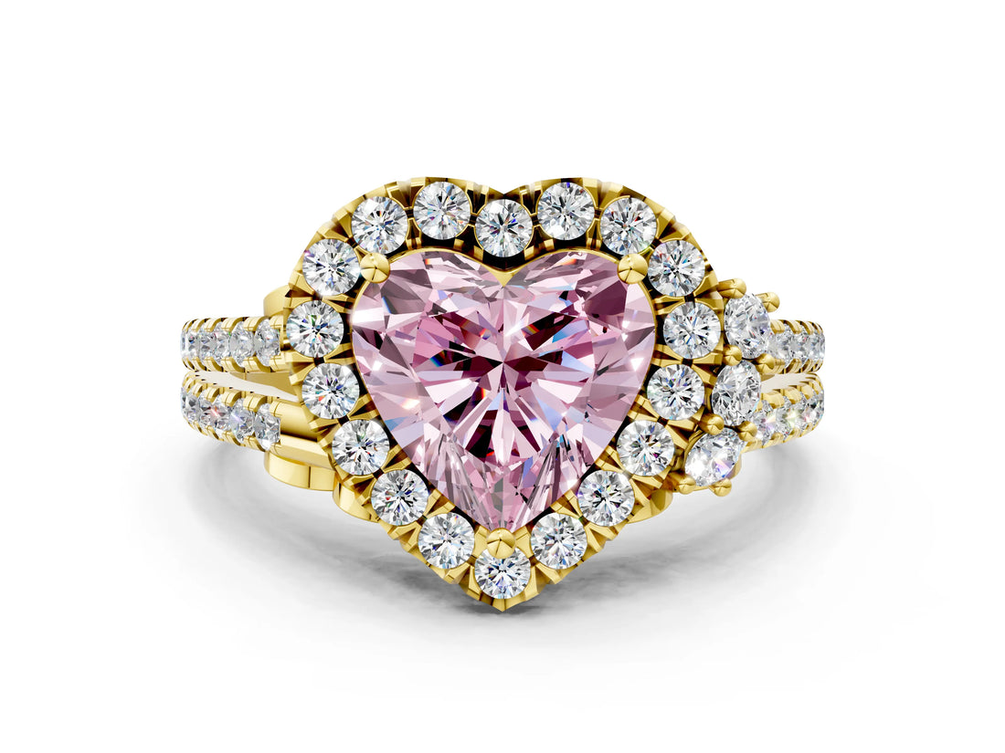 Yellow gold Fancy Pink Heart  Cut Double Halo Diamond Engagement Ring with Pave Band and Four-Prong Setting_42