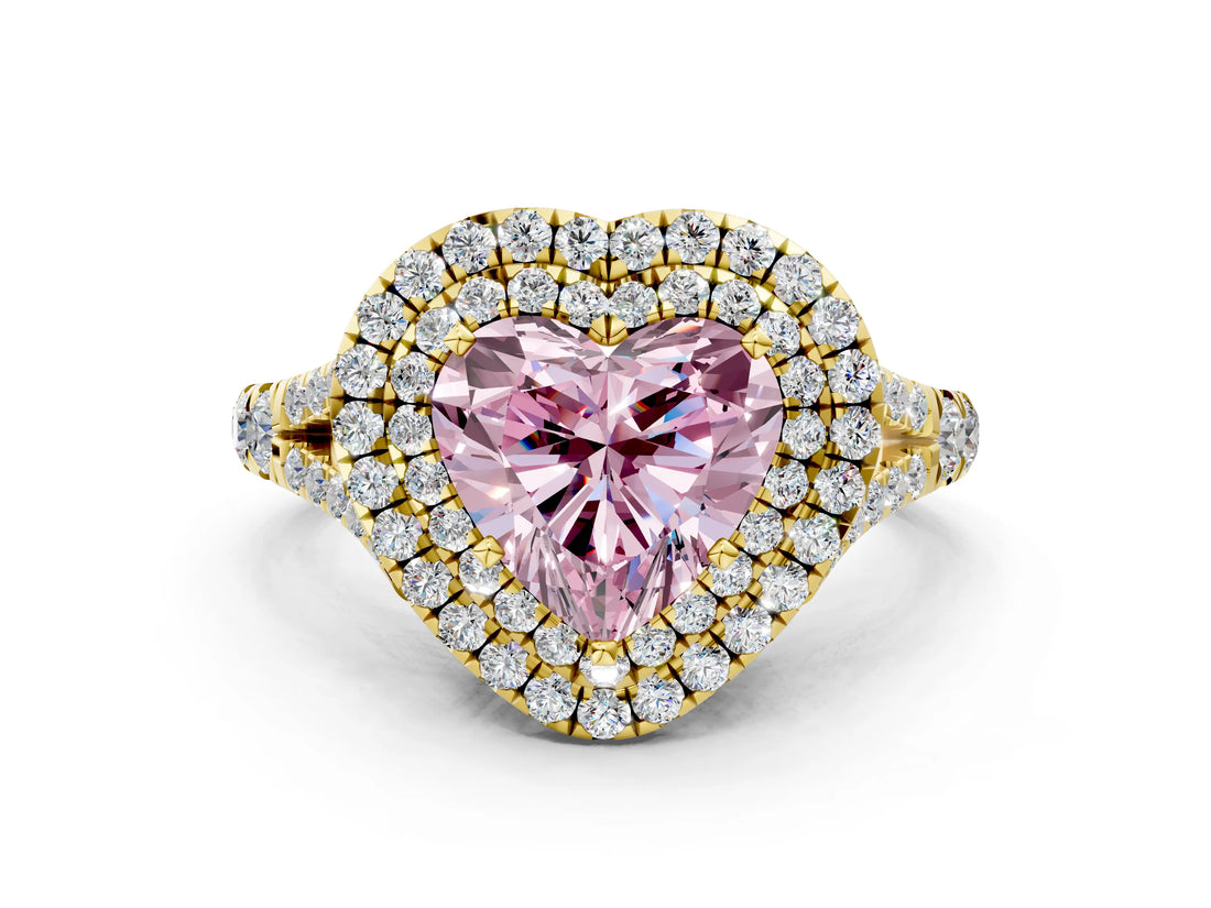 Yellow gold Fancy Pink Heart  Cut Double Halo Split Shank Diamond Ring with Prong Setting_49