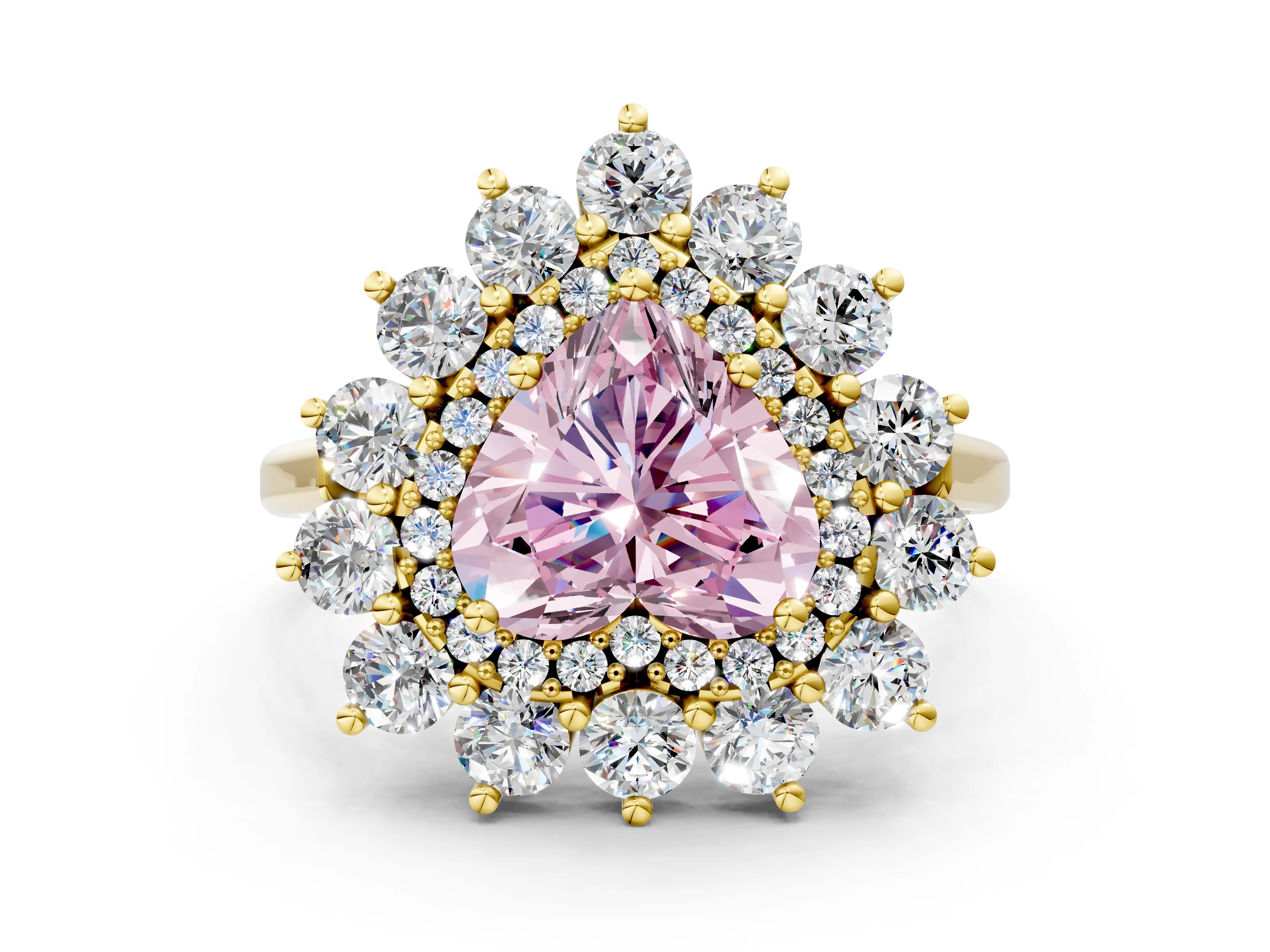 Yellow gold Fancy Pink Heart Cut Halo Cluster Diamond Ring with Pave Band and Four-Prong Setting