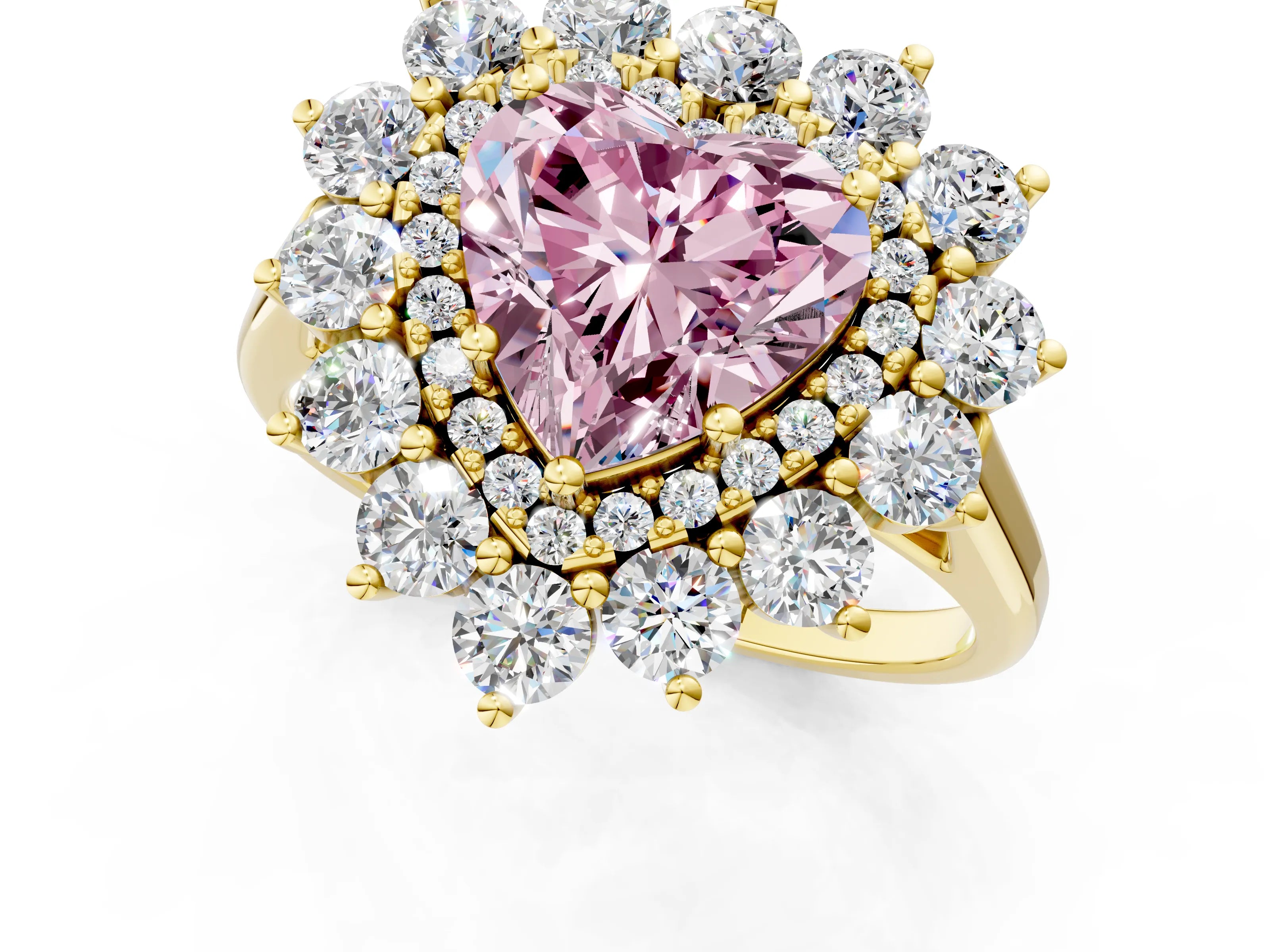 Yellow gold Fancy Pink Heart Cut Halo Cluster Diamond Ring with Pave Band and Four-Prong Setting_1