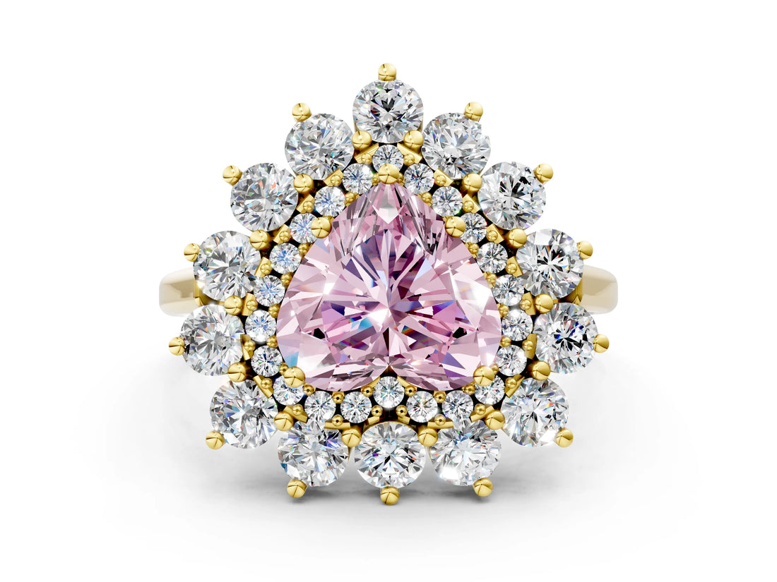 Yellow gold Fancy Pink Heart Cut Halo Cluster Diamond Ring with Pave Band and Four-Prong Setting_12