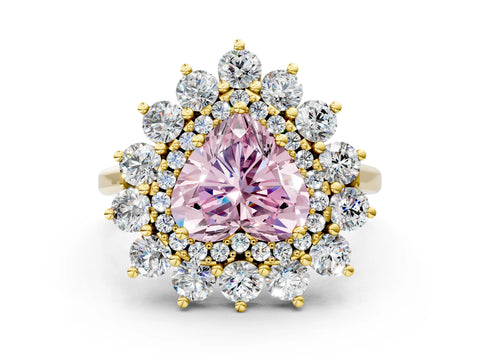 Yellow gold Fancy Pink Heart Cut Halo Cluster Diamond Ring with Pave Band and Four-Prong Setting_12
