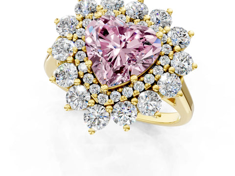 Yellow gold Fancy Pink Heart Cut Halo Cluster Diamond Ring with Pave Band and Four-Prong Setting_13