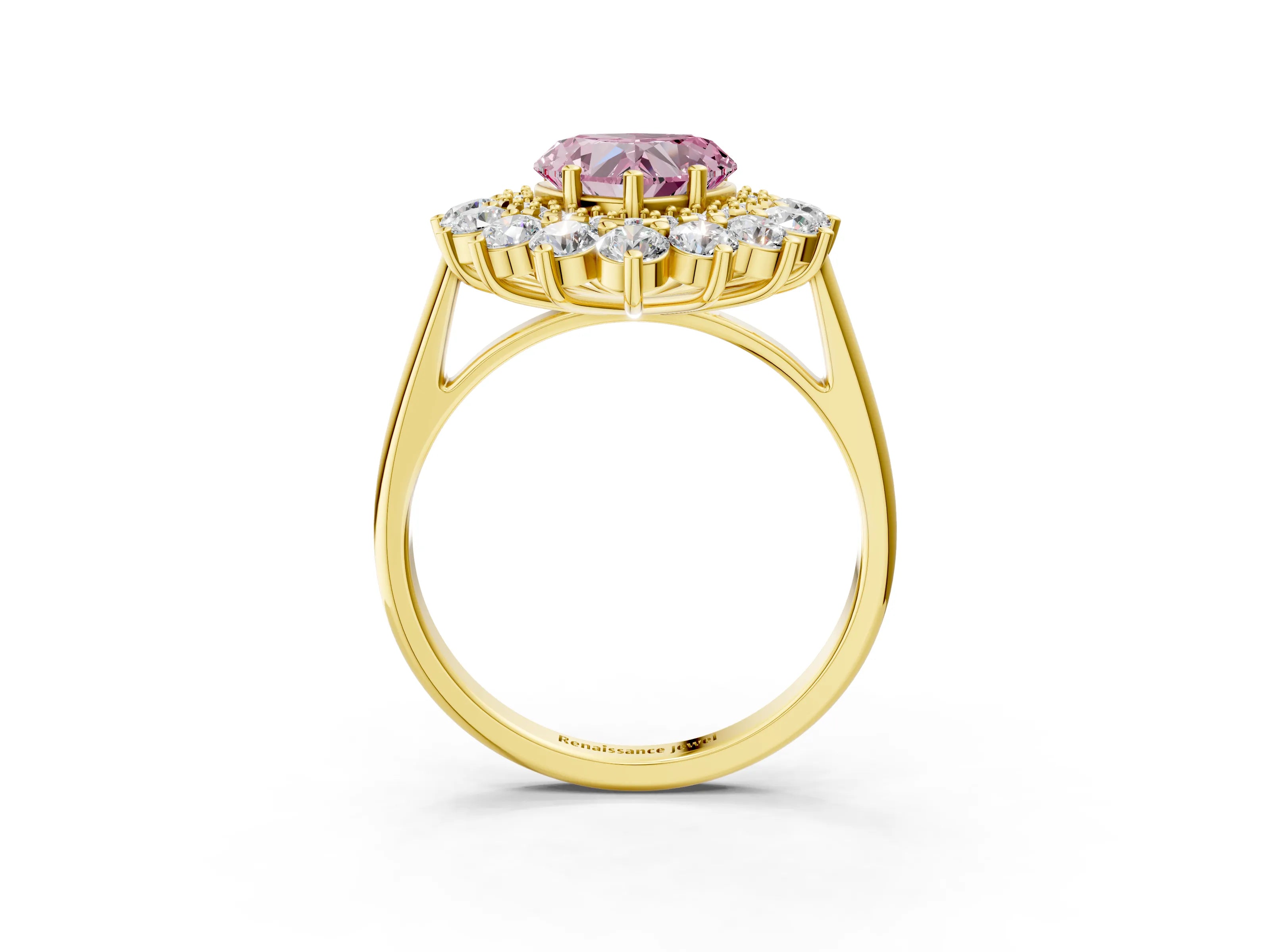 Yellow gold Fancy Pink Heart Cut Halo Cluster Diamond Ring with Pave Band and Four-Prong Setting_3