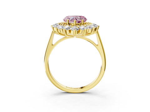 Yellow gold Fancy Pink Heart Cut Halo Cluster Diamond Ring with Pave Band and Four-Prong Setting_3