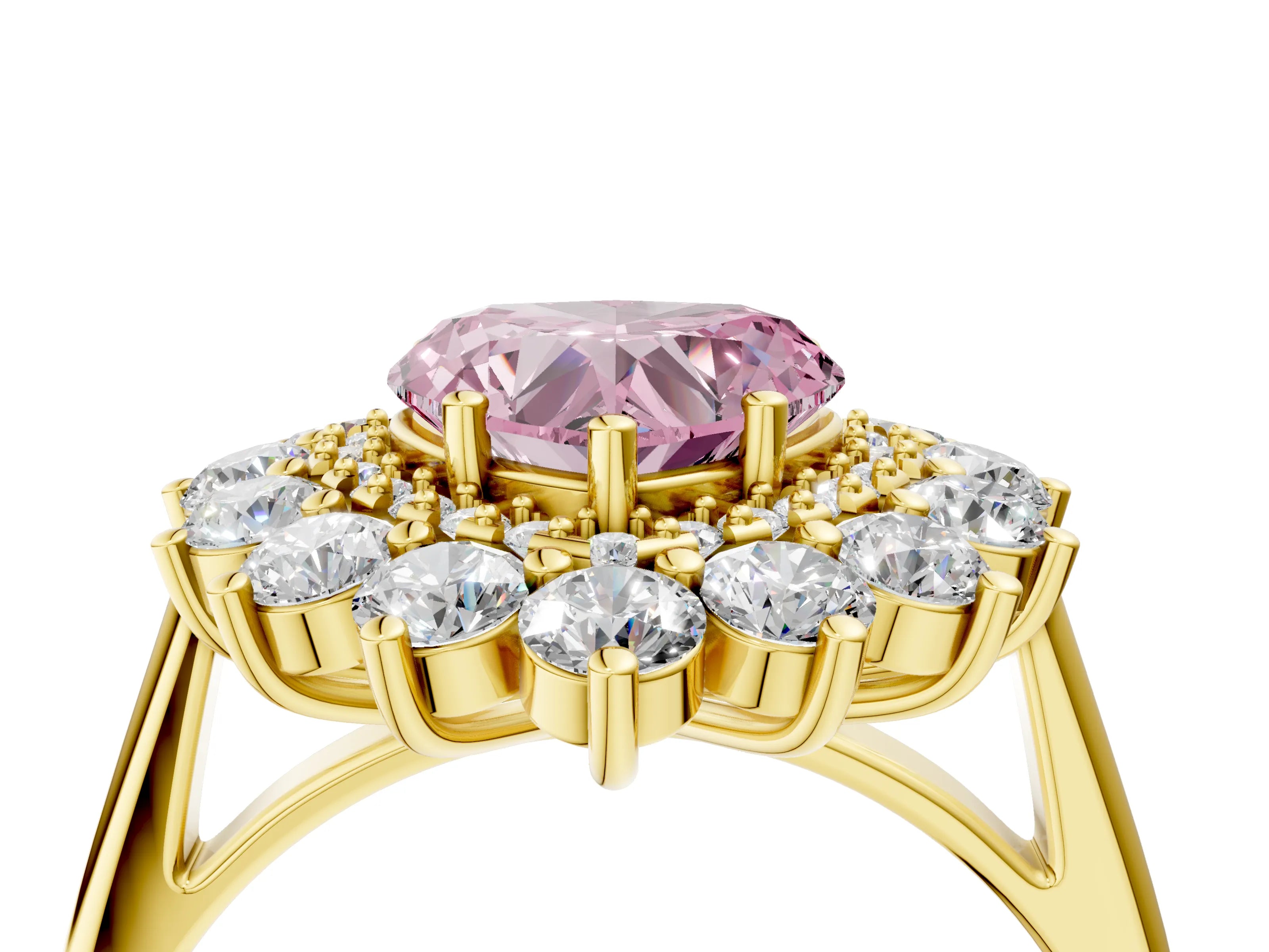Yellow gold Fancy Pink Heart Cut Halo Cluster Diamond Ring with Pave Band and Four-Prong Setting_4