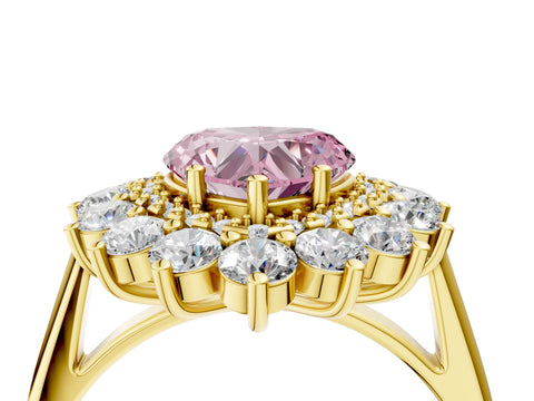 Yellow gold Fancy Pink Heart Cut Halo Cluster Diamond Ring with Pave Band and Four-Prong Setting_4
