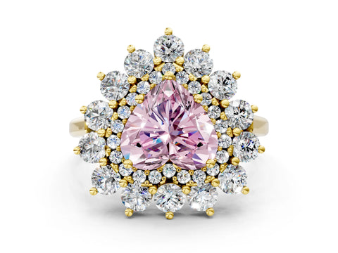 Yellow gold Fancy Pink Heart Cut Halo Cluster Diamond Ring with Pave Band and Four-Prong Setting