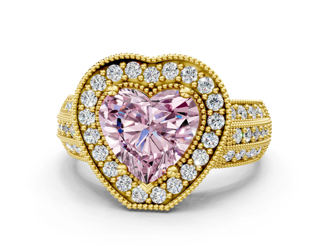 Yellow gold Fancy Pink Heart Cut Halo Diamond Engagement Ring with Pave Split Shank and Four-Prong Setting
