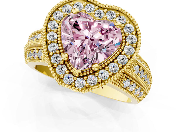 Yellow gold Fancy Pink Heart Cut Halo Diamond Engagement Ring with Pave Split Shank and Four-Prong Setting
