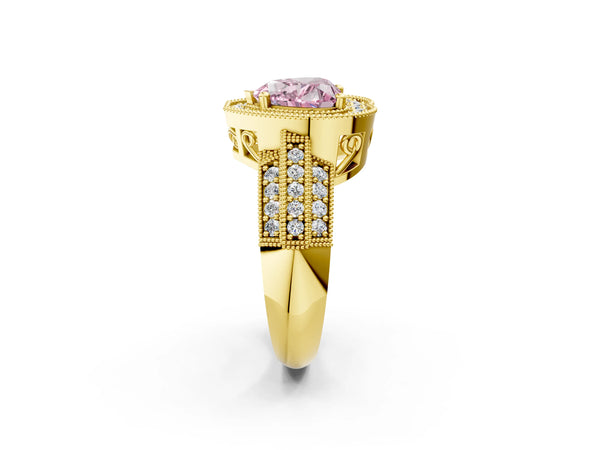 Yellow gold Fancy Pink Heart Cut Halo Diamond Engagement Ring with Pave Split Shank and Four-Prong Setting