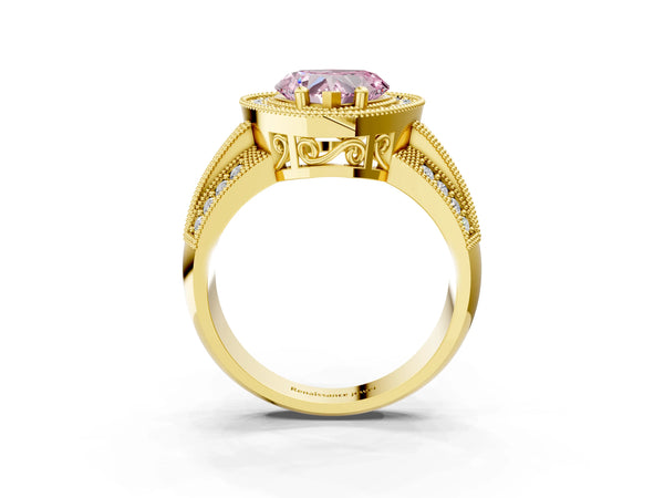 Yellow gold Fancy Pink Heart Cut Halo Diamond Engagement Ring with Pave Split Shank and Four-Prong Setting