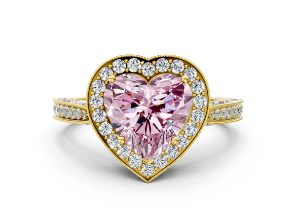 Yellow gold Fancy Pink Heart Cut Halo Diamond Engagement Ring with Split Shank Band and Four-Prong Setting