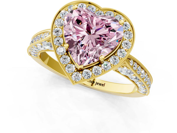 Yellow gold Fancy Pink Heart Cut Halo Diamond Engagement Ring with Split Shank Band and Four-Prong Setting