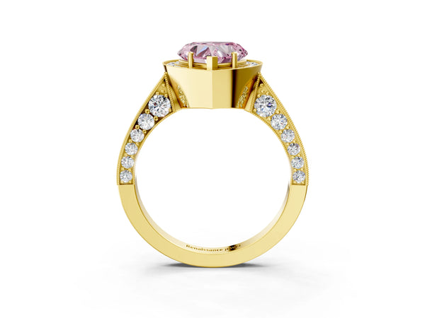 Yellow gold Fancy Pink Heart Cut Halo Diamond Engagement Ring with Split Shank Band and Four-Prong Setting