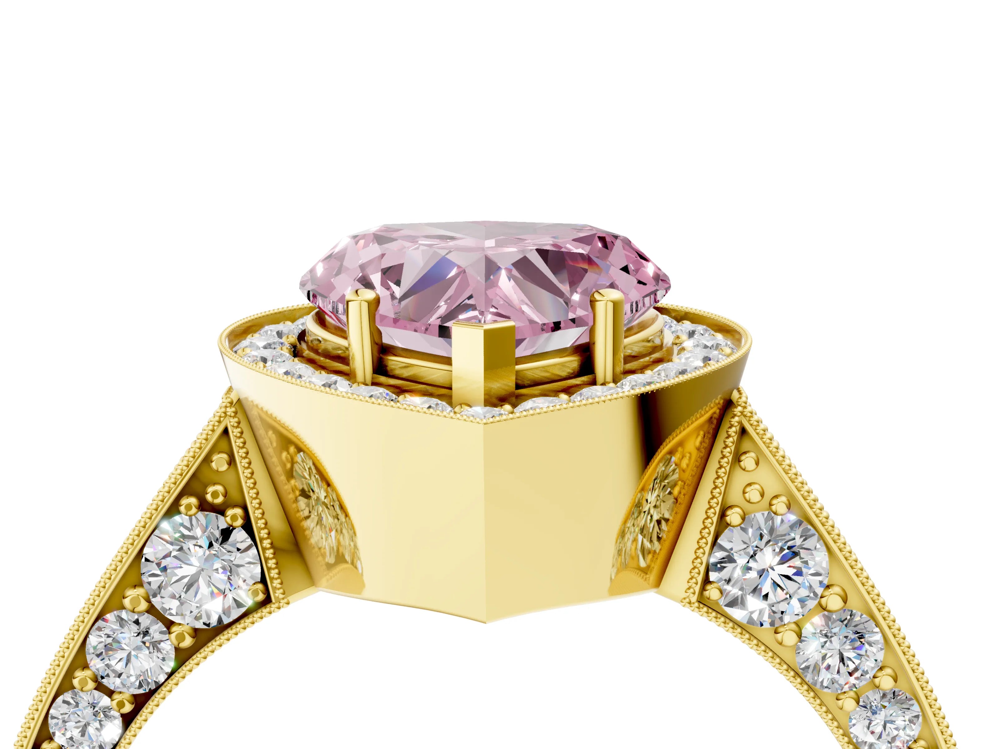 Yellow gold Fancy Pink Heart Cut Halo Diamond Engagement Ring with Split Shank Band and Four-Prong Setting_4