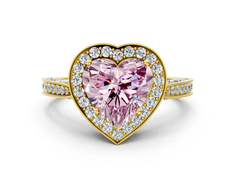 Yellow gold Fancy Pink Heart Cut Halo Diamond Engagement Ring with Split Shank Band and Four-Prong Setting