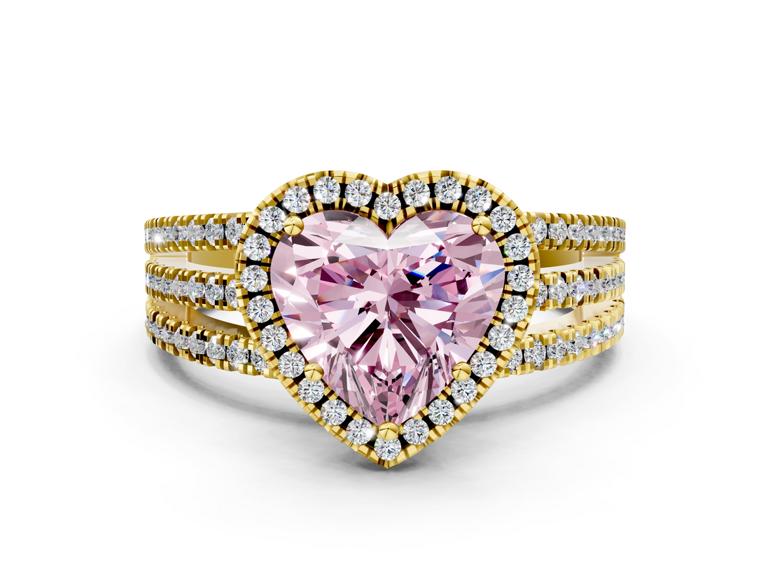 Yellow gold Fancy Pink Heart  Cut Halo Diamond Engagement Ring with Split Shank and Four-Prong Setting_20