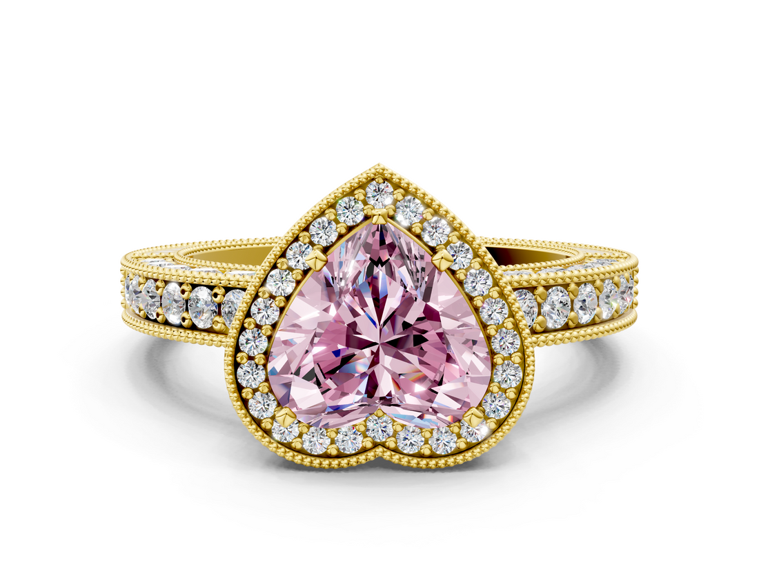 Yellow gold Fancy Pink Heart  Cut Halo Diamond Pave Band Ring with Four-Prong Setting_45