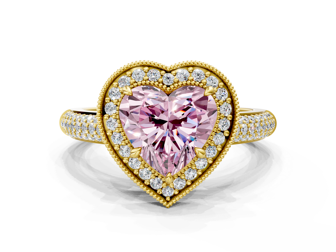 Yellow gold Fancy Pink Heart  Cut Halo Diamond Pave Band with Four-Prong Setting_37
