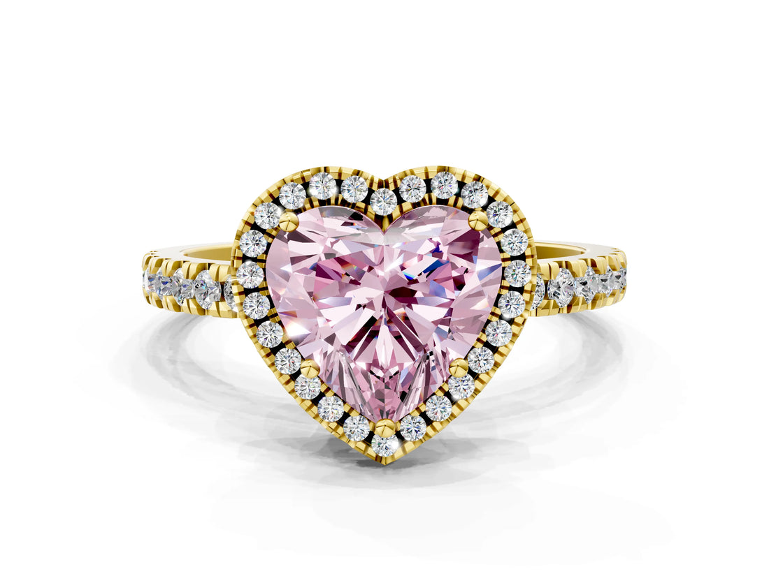 Yellow gold Fancy Pink Heart Cut Halo Diamond Pave Band with Prong Setting