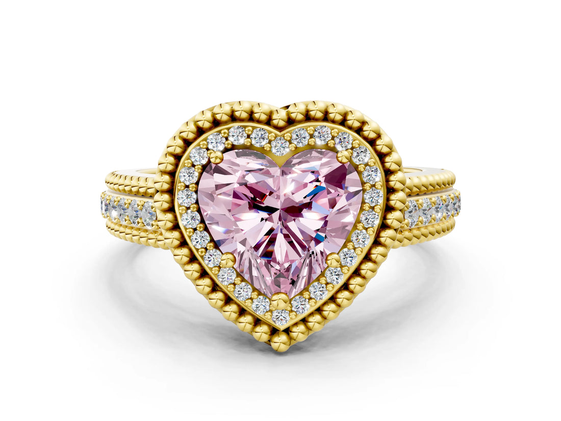 Yellow gold Fancy Pink Heart Cut Halo Diamond Ring with Beaded Split Shank and Four-Prong Setting