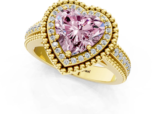 Yellow Gold Heart-Shaped Beaded Halo Engagement Ring Setting for Fancy Pink Center with Pave