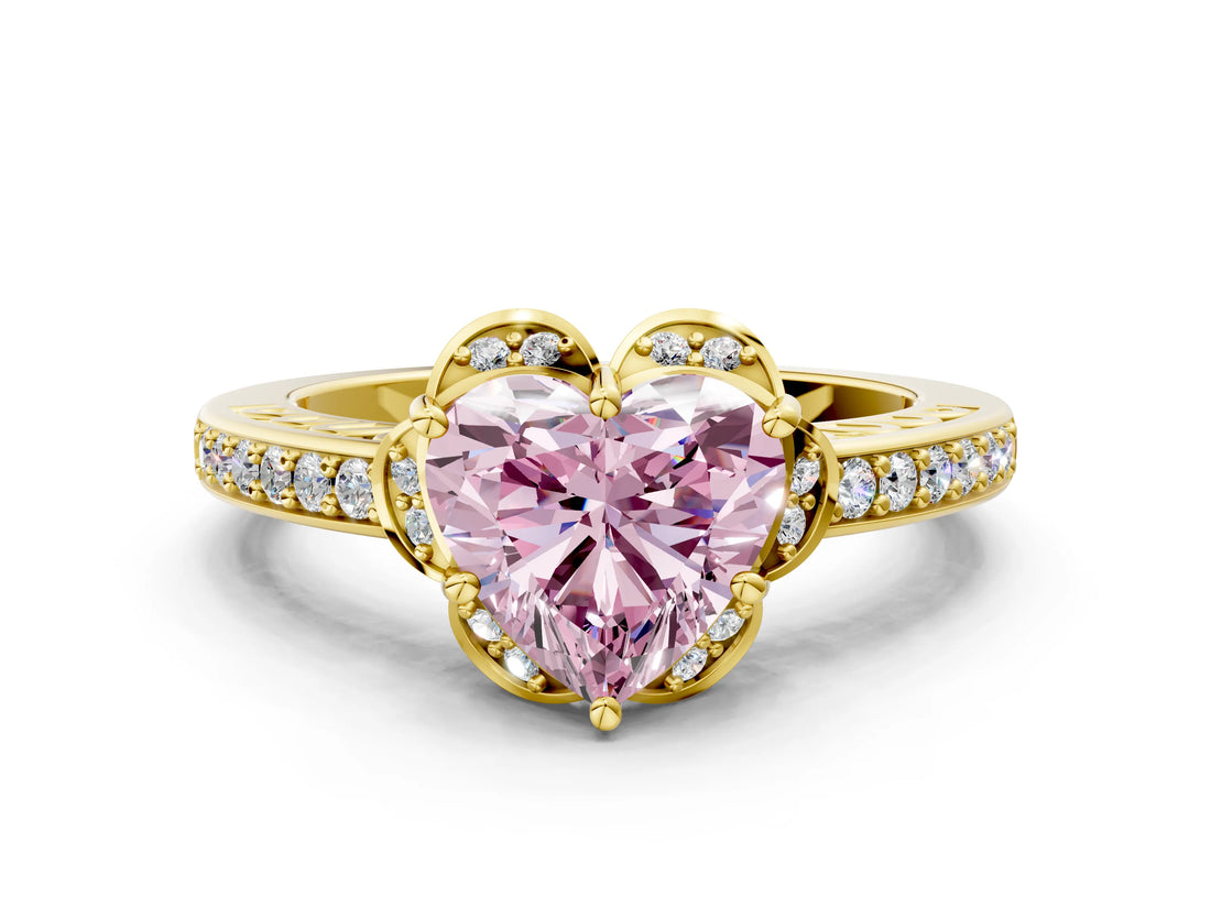 Yellow gold Fancy Pink Heart  Cut Halo Diamond Ring with Channel Set Band and Four-Prong Setting_55
