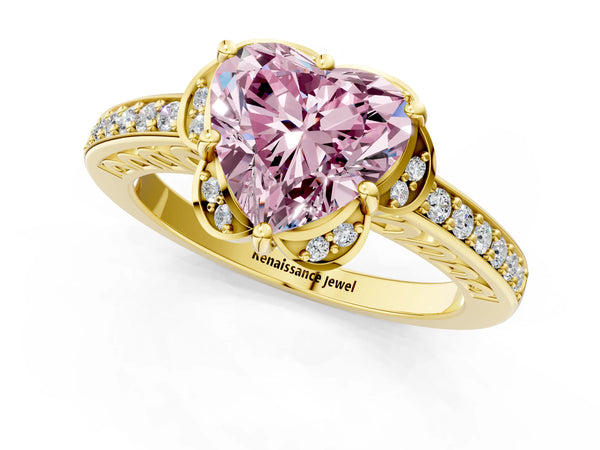 Yellow gold Fancy Pink Heart  Cut Halo Diamond Ring with Channel Set Band and Four-Prong Setting