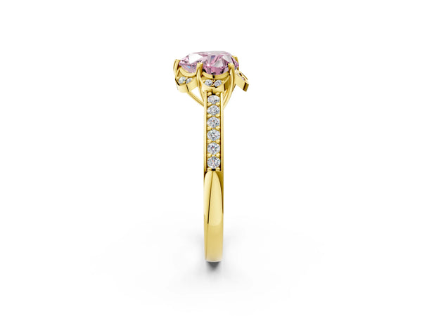 Yellow gold Fancy Pink Heart  Cut Halo Diamond Ring with Channel Set Band and Four-Prong Setting