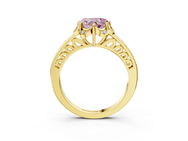Yellow gold Fancy Pink Heart  Cut Halo Diamond Ring with Channel Set Band and Four-Prong Setting
