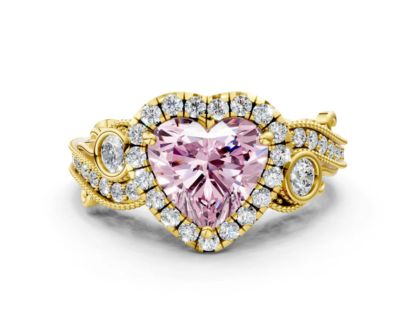 Yellow gold Fancy Pink Heart Cut Halo Diamond Ring with Milgrain and Bezel Accents on a Split Shank Band