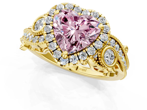 Yellow gold Fancy Pink Heart Cut Halo Diamond Ring with Milgrain and Bezel Accents on a Split Shank Band