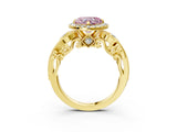 Yellow gold Fancy Pink Heart Cut Halo Diamond Ring with Milgrain and Bezel Accents on a Split Shank Band_15