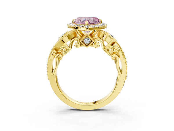 Yellow gold Fancy Pink Heart Cut Halo Diamond Ring with Milgrain and Bezel Accents on a Split Shank Band