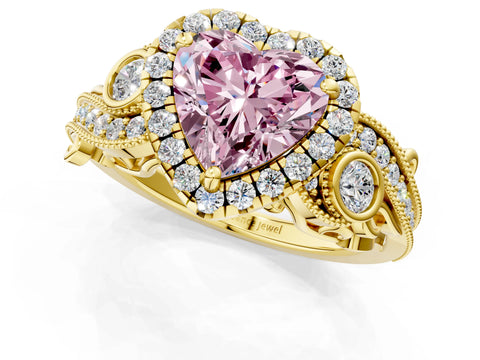 Yellow gold Fancy Pink Heart Cut Halo Diamond Ring with Milgrain and Bezel Accents on a Split Shank Band_1