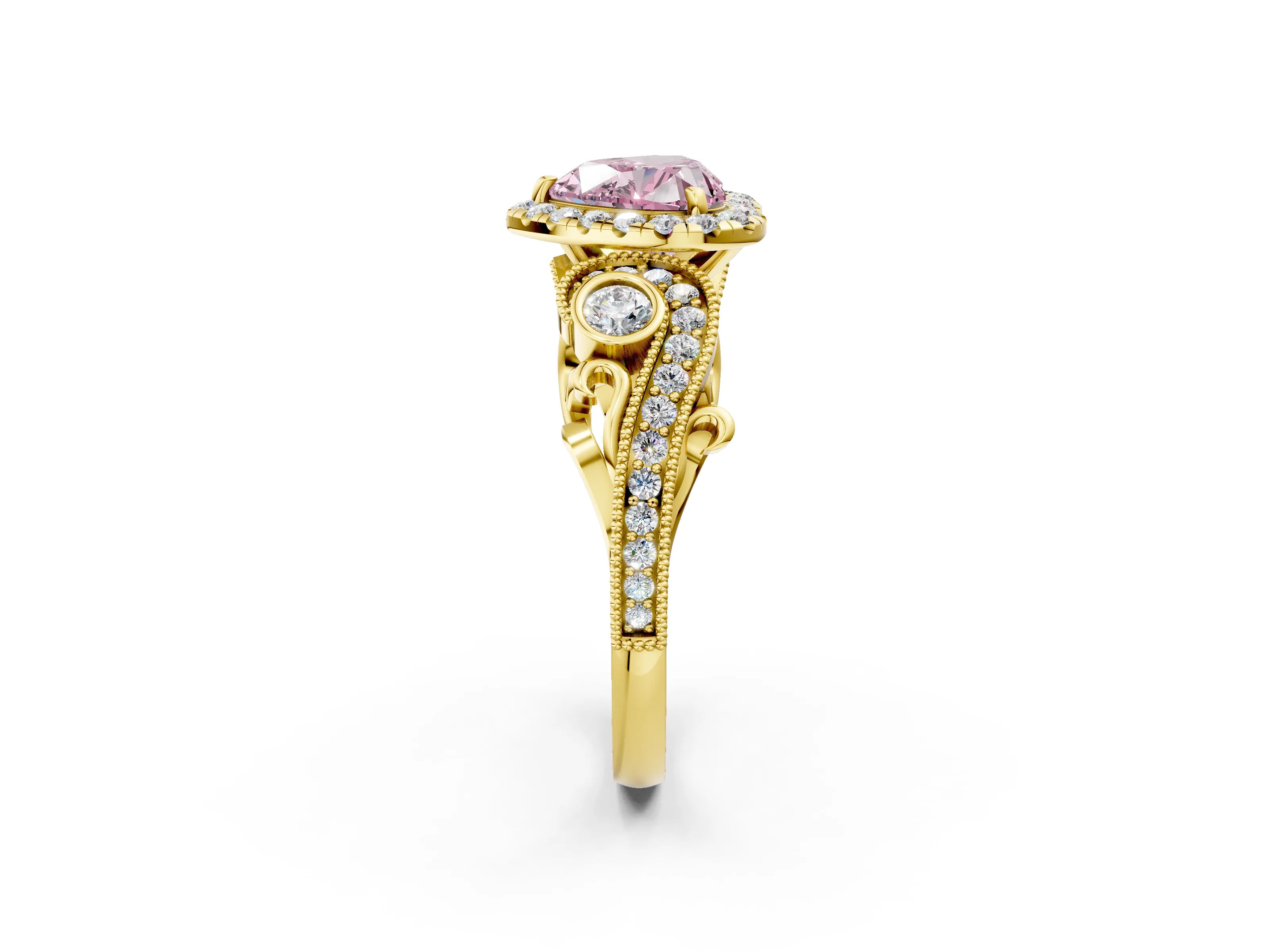 Yellow gold Fancy Pink Heart Cut Halo Diamond Ring with Milgrain and Bezel Accents on a Split Shank Band_2