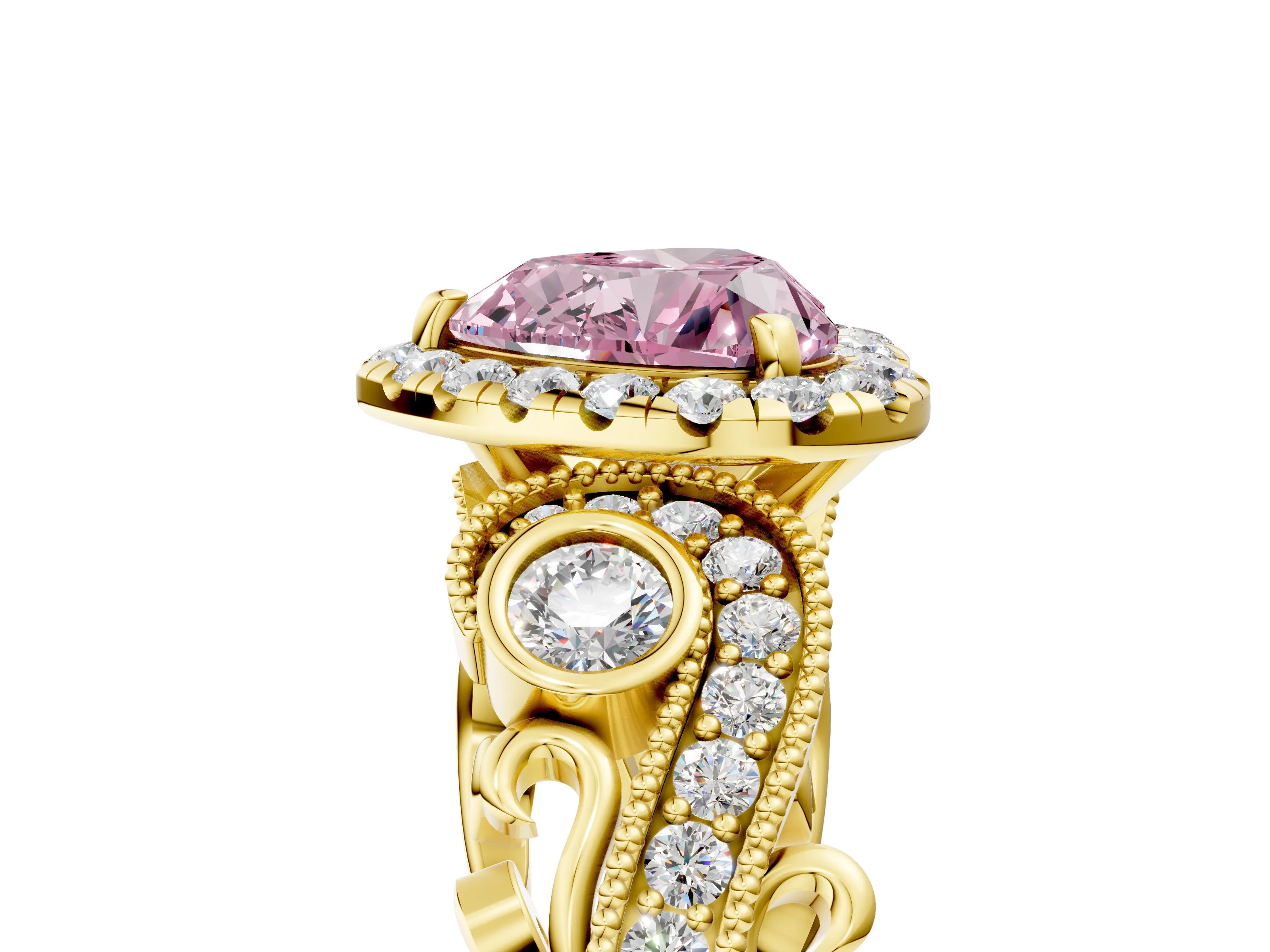 Yellow gold Fancy Pink Heart Cut Halo Diamond Ring with Milgrain and Bezel Accents on a Split Shank Band_5
