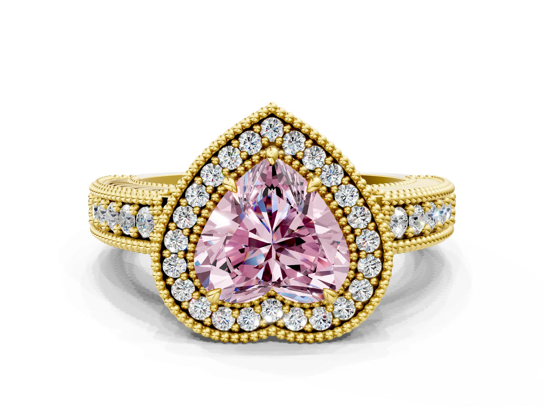 Yellow gold Fancy Pink Heart  Cut Halo Diamond Ring with Pavé Band and Four-Prong Setting_52