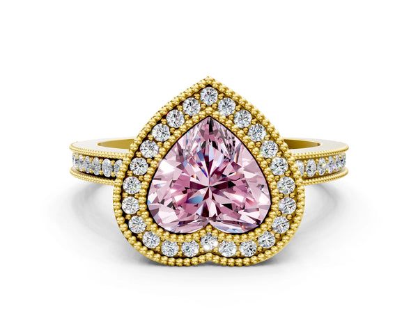 Yellow gold Fancy Pink Heart  Cut Halo Diamond Ring with Pavé Band and Milgrain Prong Setting