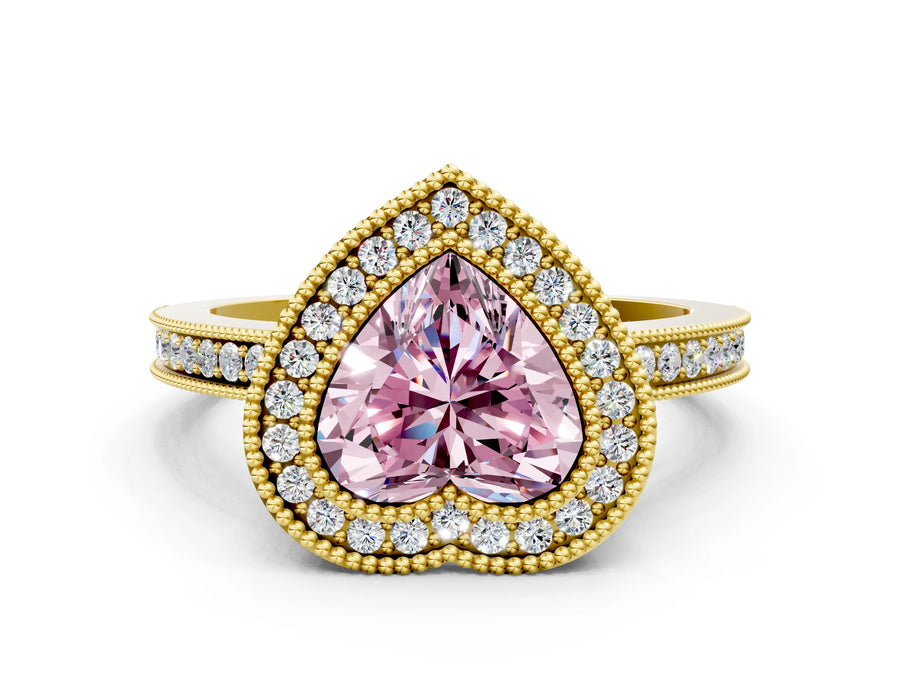 Yellow gold Fancy Pink Heart  Cut Halo Diamond Ring with Pavé Band and Milgrain Prong Setting