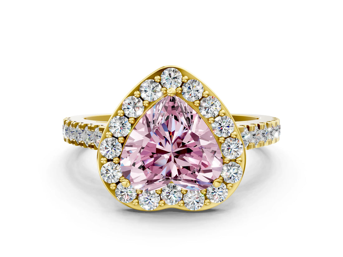 Yellow gold Fancy Pink Heart Cut Halo Diamond Ring with Pavé Band and Three-Prong Setting
