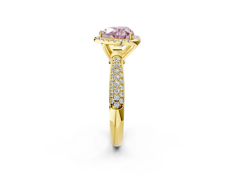 Yellow gold Fancy Pink Heart Cut Halo Diamond Ring with Pavé Band_2