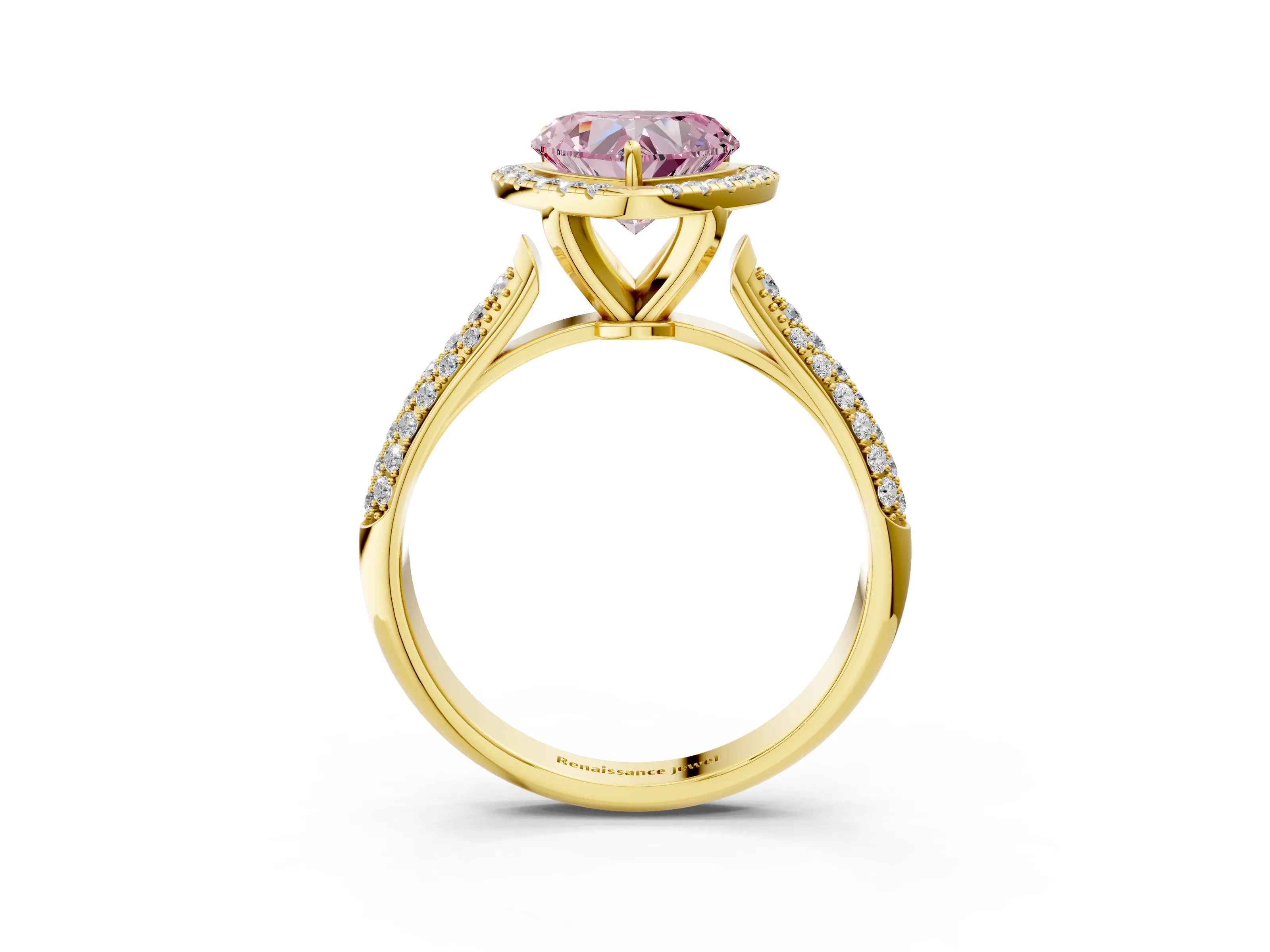 Yellow gold Fancy Pink Heart Cut Halo Diamond Ring with Pavé Band_3