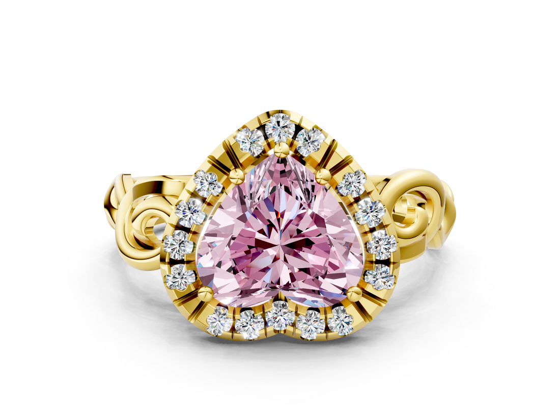 Yellow gold Fancy Pink Heart  Cut Halo Diamond Ring with Scrollwork Band and Four-Prong Setting_72