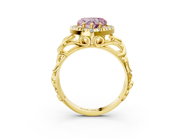 Yellow gold Fancy Pink Heart  Cut Halo Diamond Ring with Scrollwork Band and Four-Prong Setting